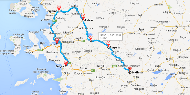 Mapa a Rota das 7 Igrejas na Turquia